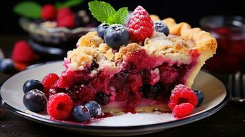 Mixed berry pie with streusel topping, a colorful and fruity dessert photo