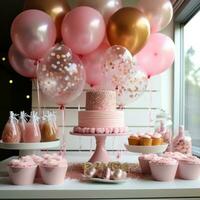 Cozy pink and gold setup with floral accents and desserts photo