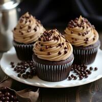 Mocha cupcakes with chocolate ganache and chocolate-covered coffee beans photo