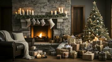 acogedor vivo habitación con Navidad árbol, medias, y fuego chicharrón. foto