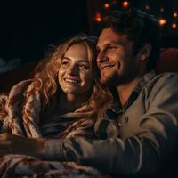 Woman cuddles with man while watching a movie. photo