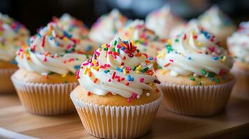 Rainbow-colored cupcakes with whipped cream frosting and rainbow sprinkles photo