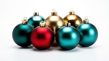 Close-up of Christmas tree ornaments on a white background. photo