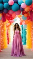 Vibrant rainbow balloon backdrop with tassels photo