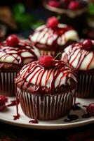 Red velvet cupcakes with cream cheese frosting and chocolate drizzle photo