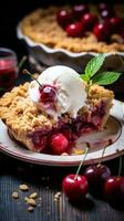 Cherry pie with crumb topping, bursting with juicy fruit flavor photo