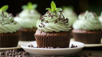 Mint chocolate chip cupcakes with mint frosting and chocolate shavings photo