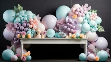 Pastel balloon garland with flowers and greenery photo