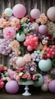 Pastel balloon garland with flowers and greenery photo