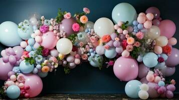 Pastel balloon garland with flowers and greenery photo