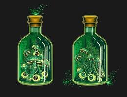 Hand drawn bottle of green poison, potion with eyeballs, mushrooms, grass inside. Halloween creepy illustration in vintage style on black background. vector