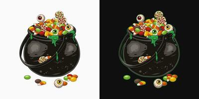 Witch cauldron full of traditional halloween candy, eyeballs. Eyeballs with drops of green goo, slime, eye on stick like lollipop. Cast iron pot. Traditional halloween design element in vintage style. vector