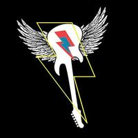 con alas guitarra camiseta diseño con rayo símbolo aislado en negro. glamour rock póster. vector