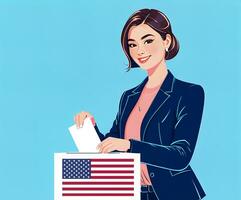 Young woman voting in the US presidential election, she holds a ballot. photo