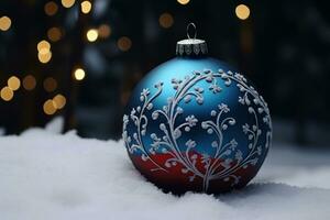un Navidad ornamento con rojo y azul hojas en el nieve ai generado foto