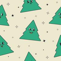 Seamless pattern with Christmas tree, star. Backgrounds in trendy retro style. Hippie 60s, 70s style. Vector illustration.