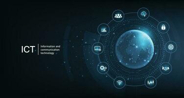 Information and communication technology ICT concept.Information and communication technology on dark blue background. Wireless communication network. Intelligent system automation. vector