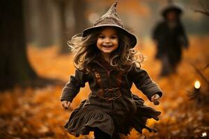 Little girl in witch costume playing in autumn park AI Generated photo