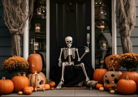 Skeleton sitting on the front door and decorations halloween pumpkins outside a house AI Generated photo