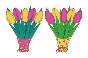 Set of 2 colorful bouquet of tulips in wrapping paper in trendy spring shades bright pink and yellow vector