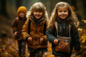 niños con caramelo Cubeta en otoño bosque ai generado foto