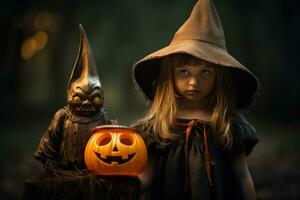 a little girl standing by a pumpkin with an orange witch's hat on it AI Generated photo