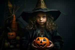 un pequeño niña en pie por un calabaza con un naranja de bruja sombrero en eso ai generado foto