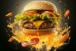 A burger defying gravity, with tantalizing toppings taking flight AI Generated photo