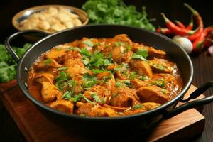 A wooden pan showcases the mouthwatering essence of chicken curry AI Generated photo