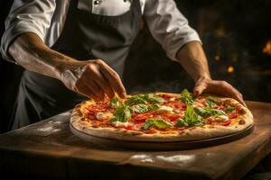 complacer en gastrónomo pizzas preparado por nuestra dedicado residente cocinero ai generado foto