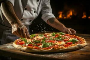 saborear el culinario pericia de nuestra cocinero en cada hotel restaurante Pizza ai generado foto