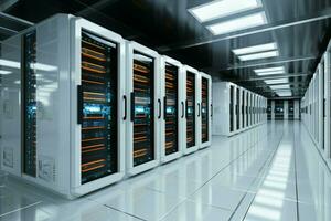 Computer storage systems in a white server room, 3D rendering AI Generated photo