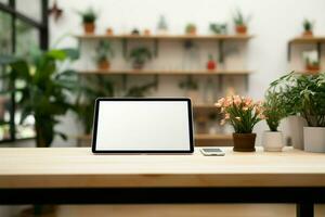 Empty space on a tabletop, tablet mockup, with blurred office AI Generated photo