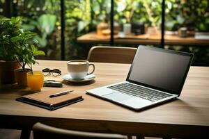 eficiente espacio de trabajo con computadora portátil, café, computadora portátil, planta de casa en de madera mesa ai generado foto