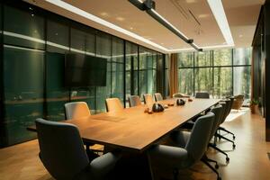 sofisticado sala del consejo diseño grande negro mesa, felpa marrón sillas, televisión ai generado foto
