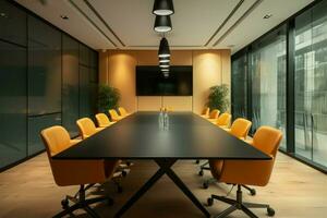 Stylish boardroom black table, swivel chairs, flat screen TV, mustard curtains AI Generated photo
