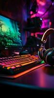 gamer devices for playing game by joystick with computer headphone and mouse on neon glow, gaming AI Generated photo