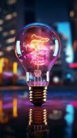 Light bulb with neon lights, abstract glowing background, digital illustration AI Generated photo