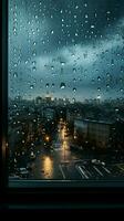 gotas de lluvia terminado el ventana con edificios de el ciudad en el antecedentes ai generado foto