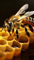 Honey-loving bee on comb surface with copy space AI Generated photo