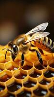 Honey-loving bee on comb surface with copy space AI Generated photo