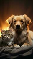 Lovely cat and dog pair with space for text or product mockup. AI Generated photo