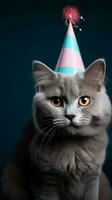 listo para la fiesta gato, cumpleaños sombrero y azul fondo ai generado foto