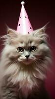 Pink-tinted background, kitty with birthday hat in foreground AI Generated photo