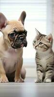 Playful kitten and French Bulldog posing on white table. AI Generated photo