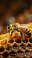 Bee on honeycomb background with copy space AI Generated photo