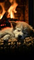 Puppy sleeping by the fireplace AI Generated photo