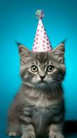 cumpleaños gatito, gato con fiesta sombrero aislado en azul ai generado foto