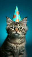cumpleaños gatito, gato con fiesta sombrero aislado en azul ai generado foto
