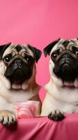 Two adorable pugs with blank board on pink background. Copy space. AI Generated photo